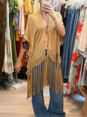 Boston Proper Fringed Open-Front Knit Kimono in Gold - Women Tops NWT